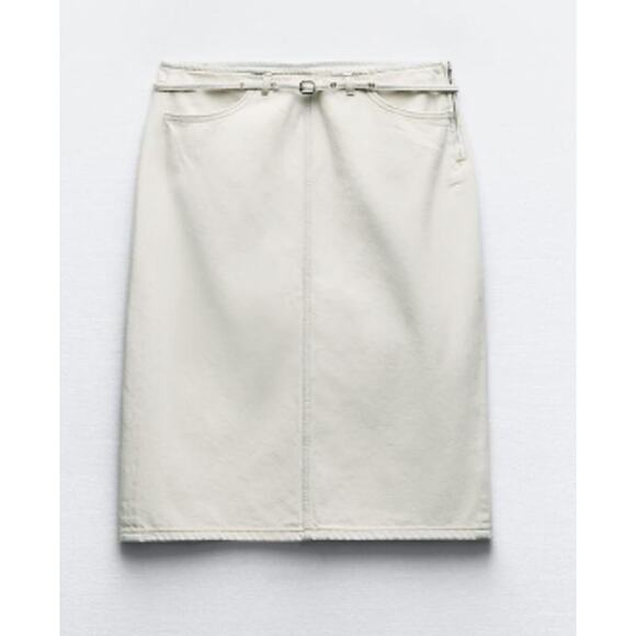 Zara White Denim Belted Midi Pencil Skirt with Pockets and Back Slit Size Large - Picture 1 of 4